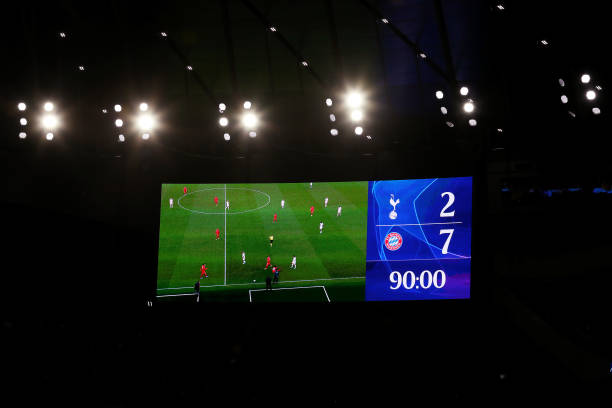 Are Spurs over now? 4 LONDON, ENGLAND - OCTOBER 01: A view of the LED screen displaying the final score after the UEFA Champions League group B match between Tottenham Hotspur and Bayern Muenchen at Tottenham Hotspur Stadium on October 01, 2019 in London, United Kingdom. (Photo by Catherine Ivill/Getty Images)
