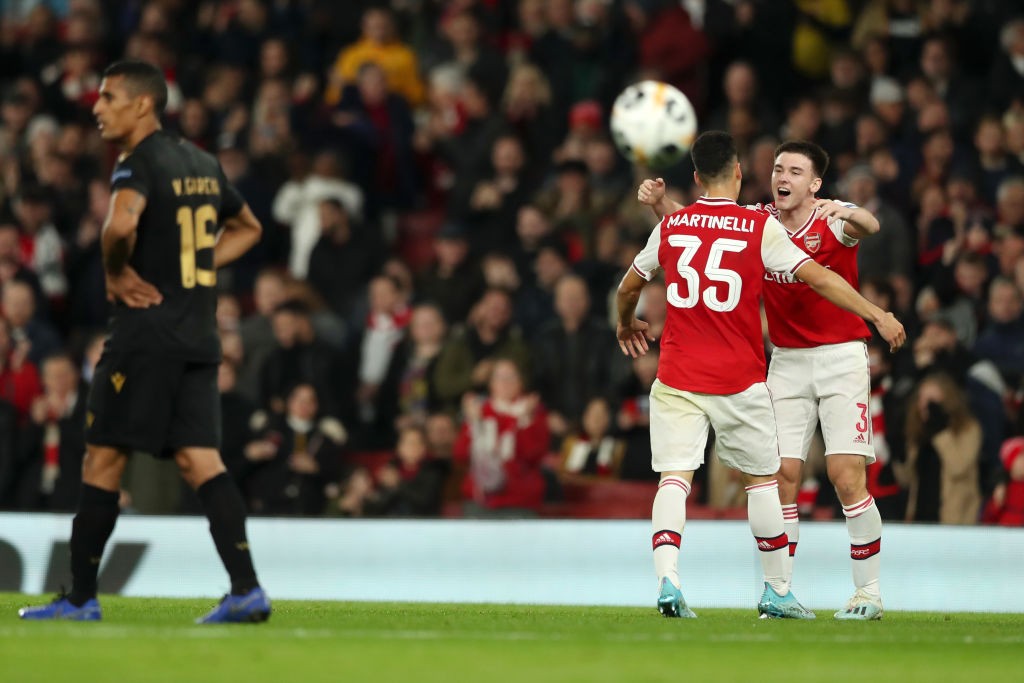 LONDON, ENGLAND - OCTOBER 24: Gabriel Martinelli of Arsenal celebrates with Kieran Tierney after scoring his team's first goal during the UEFA Euro...