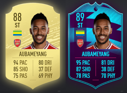 Pierre-Emerick Aubameyang FIFA card comparison, basic card versus POTM (Photos via Futhead.com)