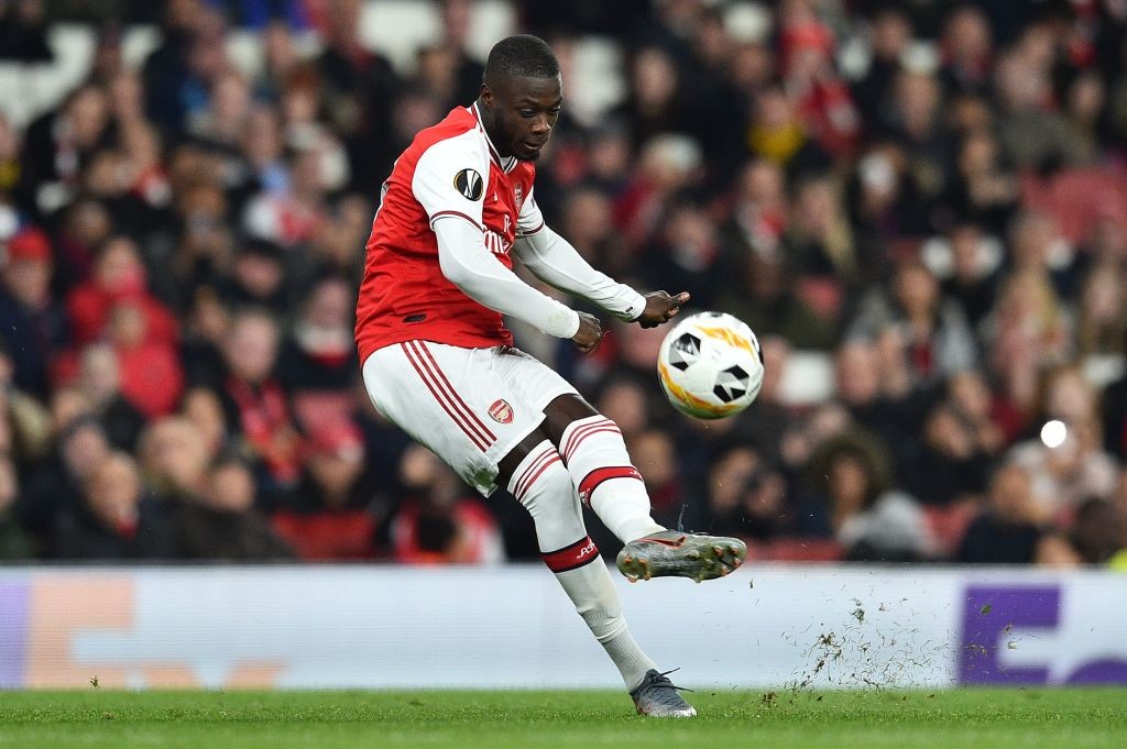 Arsenal's French-born Ivorian midfielder Nicolas Pepe takes a free-kick to scores his team's second goal during their UEFA Europa league Group F fo...