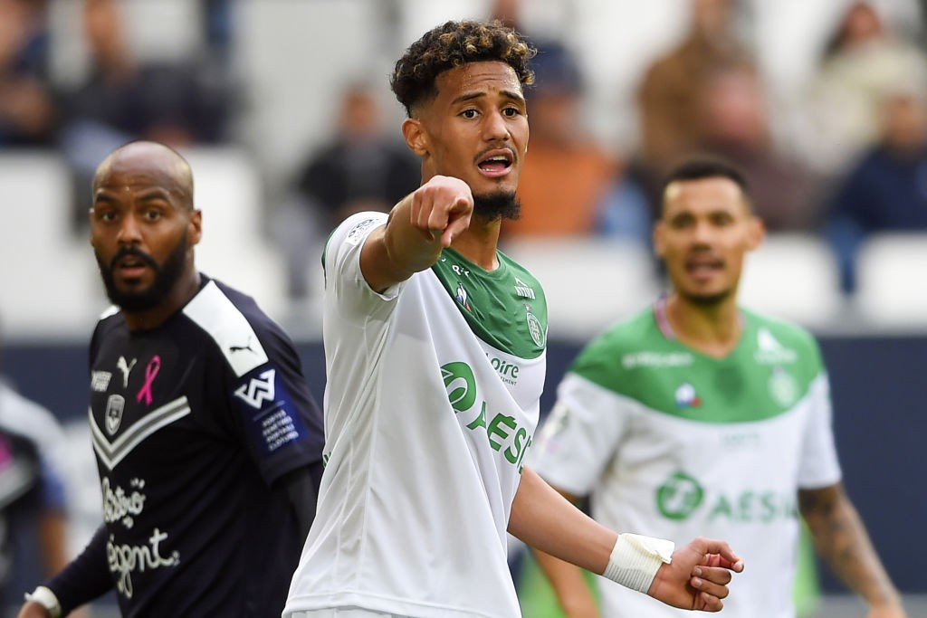 Saint-Etienne's French defender William Saliba gestures during the French L1 football match between Bordeaux and Saint-Etienne (ASSE) on October 20...