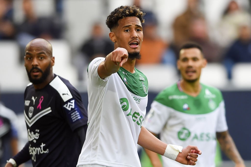 Saint-Etienne's French defender William Saliba gestures during the French L1 football match between Bordeaux and Saint-Etienne (ASSE) on October 20, 2019, at the Matmut Atlantique stadium in Bordeaux, southwestern France. (Photo by NICOLAS TUCAT / AFP / Getty Images)
