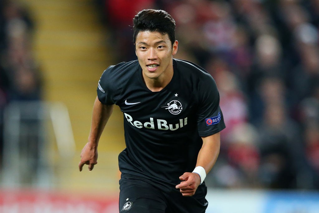 LIVERPOOL, ENGLAND - OCTOBER 02: Hwang Hee-chan of Red Bull Salzburg celebrates after he scores his sides first goal during the UEFA Champions Leag...