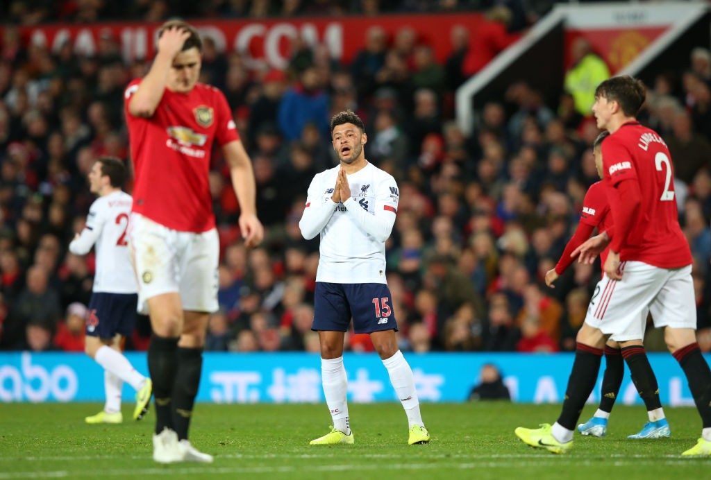 MANCHESTER, ENGLAND - OCTOBER 20: Alex Oxlade-Chamberlain of Liverpool reacts during the Premier League match between Manchester United and Liverpool FC at Old Trafford on October 20, 2019, in Manchester, United Kingdom. (Photo by Alex Livesey/Getty Images)