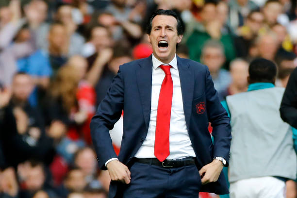 Arsenal's Spanish head coach Unai Emery gestures on the touchline during the English Premier League football match between Arsenal and Bournemouth ...