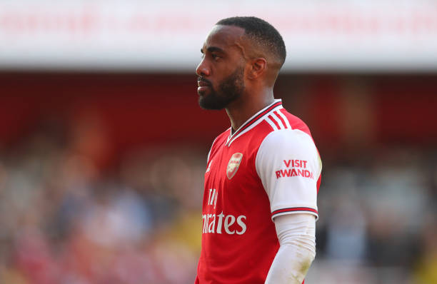 LONDON, ENGLAND - SEPTEMBER 01: Alexandre Lacazette of Arsenal celebrates after scoring his teams first goal during the Premier League match betwee...