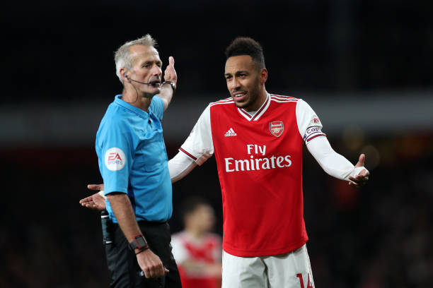 LONDON, ENGLAND - OCTOBER 27: Pierre-Emerick Aubameyang of Arsenal reacts to a decision by referee Martin Atkinson during the Premier League match ...