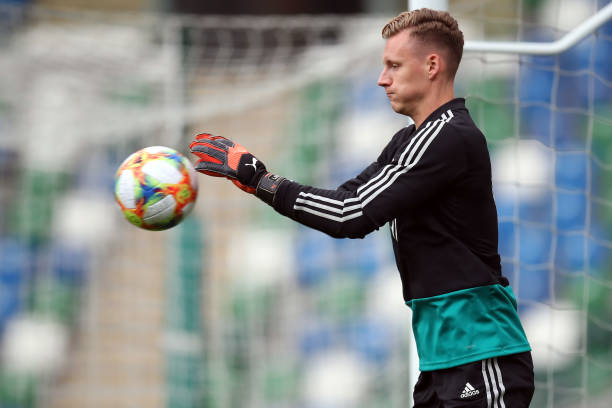 BELFAST, NORTHERN IRELAND - SEPTEMBER 08: Goalkeeper Bernd Leno catches the ball during a Germany training session ahead of the UEFA Euro 2020 qualifier match between Northern Ireland and Germany at Windsor Park on September 08, 2019 in Belfast, Northern Ireland. (Photo by Alex Grimm/Bongarts/Getty Images)