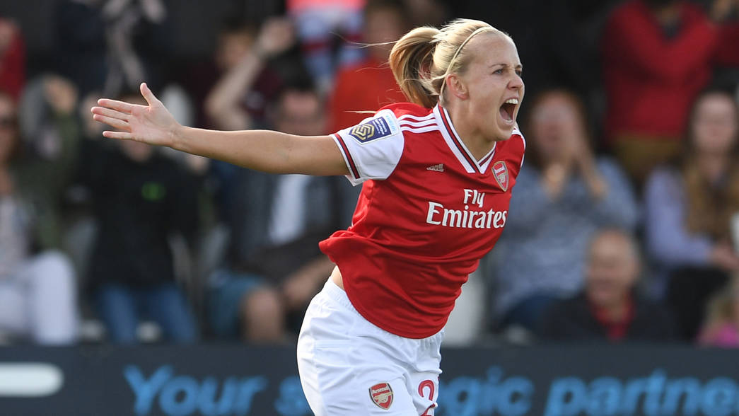 BOREHAMWOOD, ENGLAND - SEPTEMBER 08: Beth Mead celebrates scoring Arsenal's 1st goal during the WSL match between Arsenal Women and West Ham United...