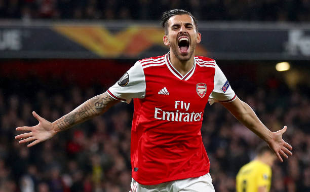 LONDON, ENGLAND - OCTOBER 03: Dani Ceballos of Arsenal celebrates after scoring his team's fourth goal during the UEFA Europa League group F match ...