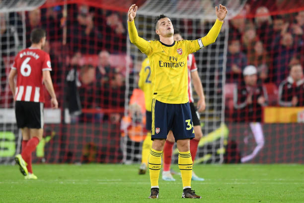 Granit Xhaka Hertha Berlin plan blocked by Mikel Arteta 4 SHEFFIELD, ENGLAND - OCTOBER 21: Granit Xhaka of Arsenal reacts during the Premier League match between Sheffield United and Arsenal FC at Bramall Lane on October 21, 2019 in Sheffield, United Kingdom. (Photo by Michael Regan/Getty Images)