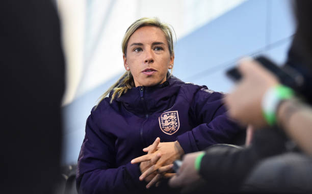 BURTON-UPON-TRENT, ENGLAND - OCTOBER 02: Jordan Nobbs of England talks to the press during the England Women's Senior Team Media Day at St Georges Park on October 02, 2019 in Burton-upon-Trent, England. (Photo by Nathan Stirk/Getty Images)