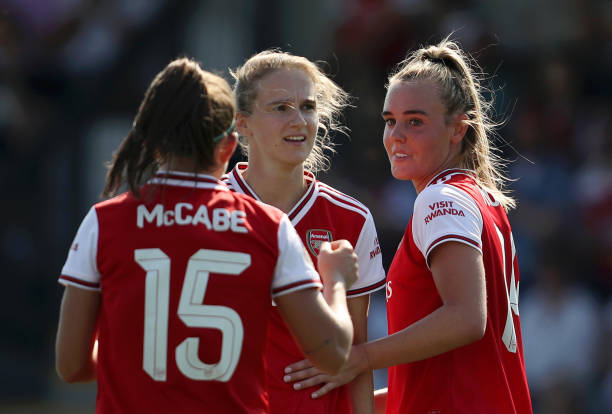 Arsenal Women international call-ups 2 Arsenal Women international call-ups - BOREHAMWOOD, ENGLAND - AUGUST 25: Jill Roord of Arsenal celebrates with team mates Vivianne Miedema and Katie McCabe after scoring their team's fifth goal during the pre season friendly match between Arsenal Women and Tottenham Hotspur Women at Meadow Park on August 25, 2019 in Borehamwood, England. (Photo by Linnea Rheborg/Getty Images)