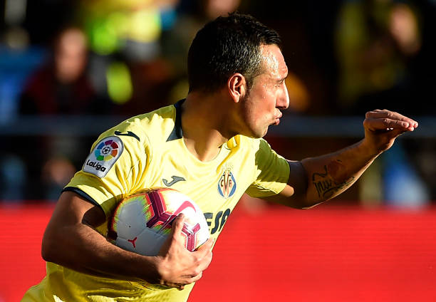 Villarreal's Spanish midfielder Santi Cazorla celebrates a goal during the Spanish league football match between Villarreal CF and Deportivo Alaves...