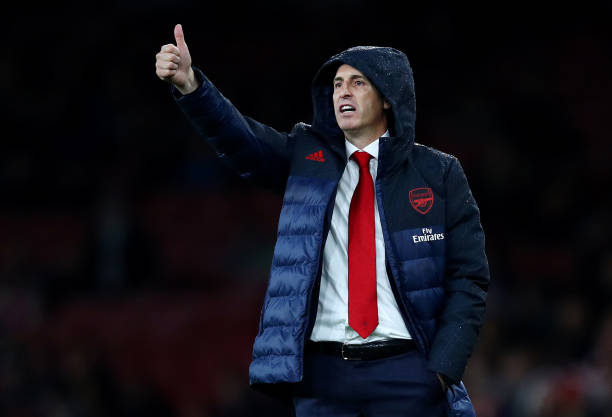 LONDON, ENGLAND - OCTOBER 03: Unai Emery, Manager of Arsenal reacts during the UEFA Europa League group F match between Arsenal FC and Standard Lie...
