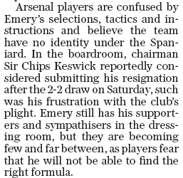 Arsenal's chairman reportedly considered submitting resignation after Southampton result 4 191125 daily telegraph keswick resign players turn on emery 2