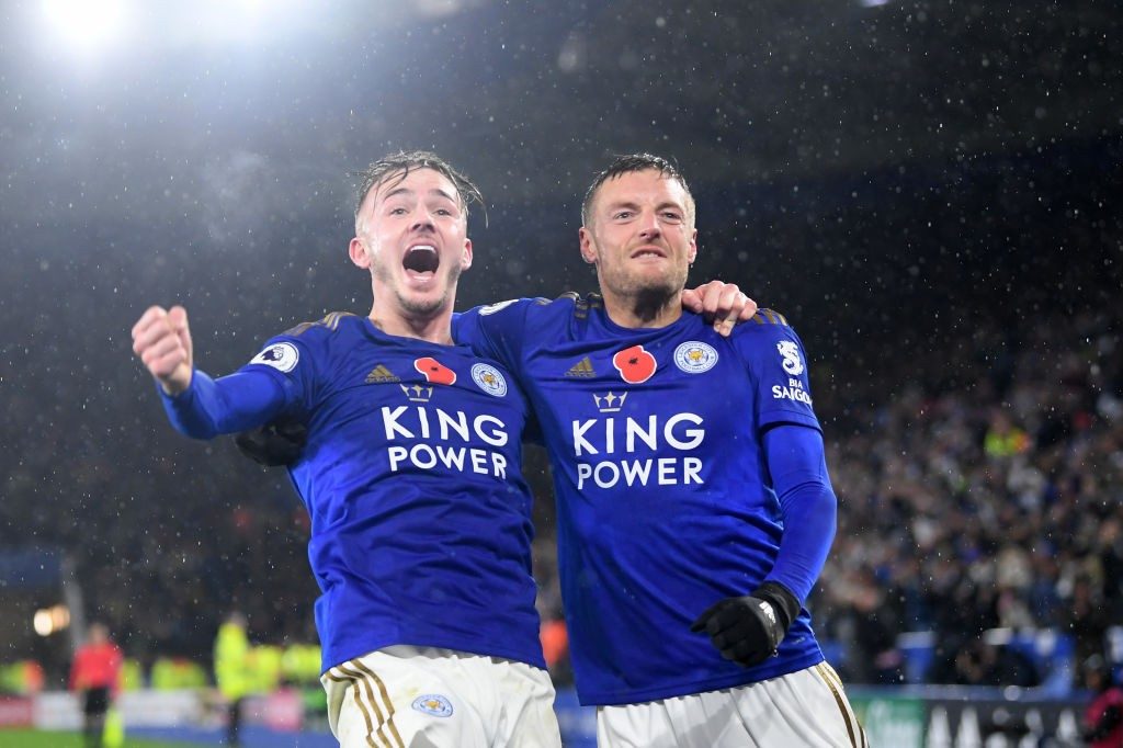 Player Ratings vs Leicester City: Damaging but predictable defeat leaves Arsenal way off the pace 2 LEICESTER, ENGLAND - NOVEMBER 09: James Maddison of Leicester City celebrates with teammate Jamie Vardy after scoring his team's second goal during the Premier League match between Leicester City and Arsenal FC at The King Power Stadium on November 09, 2019, in Leicester, United Kingdom. (Photo by Michael Regan/Getty Images)