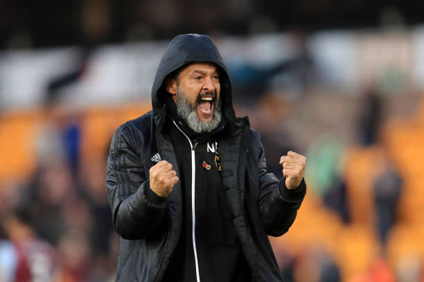 WOLVERHAMPTON, ENGLAND - NOVEMBER 10: Nuno Espirito Santo, Manager of Wolverhampton Wanderers celebrates following his sides victory in the Premier...