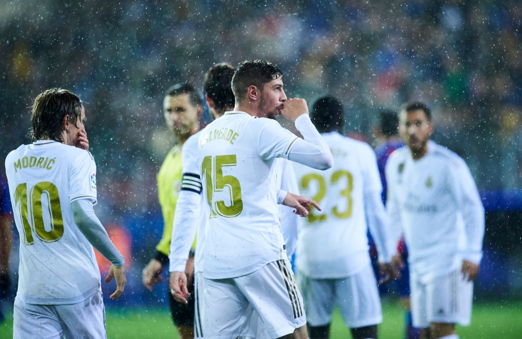 EIBAR, SPAIN - NOVEMBER 09: Federico Valverde of Real Madrid CF celebrates after scoring his team's fourth goal during the Liga match between SD Ei...