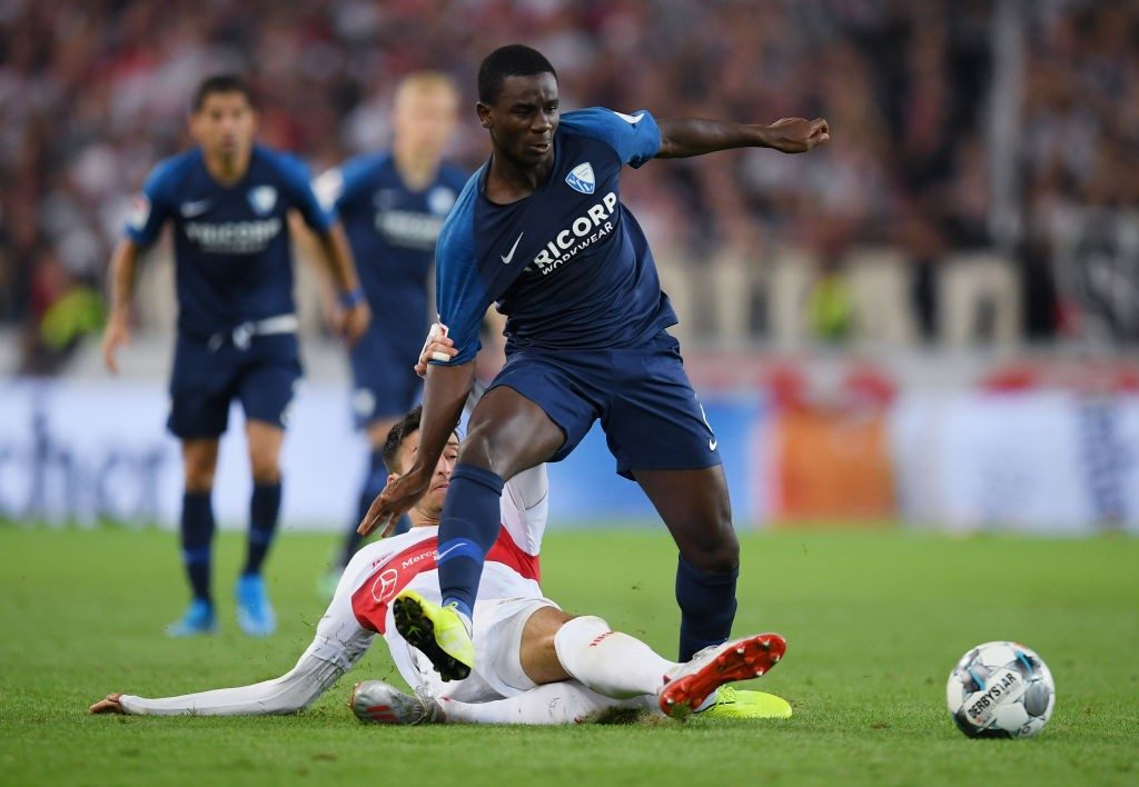 STUTTGART, GERMANY - SEPTEMBER 02: Jordi Osei-Tutu of Bochum is challenged by Atakan Karazor of VfB Stuttgart during the Second Bundesliga match between VfB Stuttgart and VfL Bochum 1848 at Mercedes-Benz Arena on September 02, 2019, in Stuttgart, Germany. (Photo by Matthias Hangst/Bongarts/Getty Images)