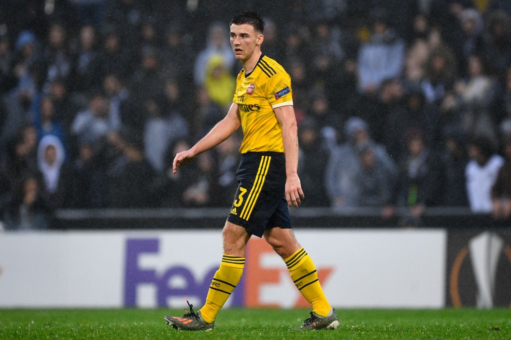 GUIMARAES, PORTUGAL - NOVEMBER 06: Kieran Tierney of Arsenal FC in action during the UEFA Europa League group F match between Vitoria Guimaraes and...