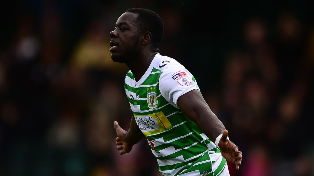 YEOVIL, ENGLAND - OCTOBER 28: Olufela Olomola during a spell with Yeovil Town celebrating his side's second goal during the Sky Bet League Two match between Yeovil Town and Stevenage Borough at Huish Park on October 28, 2017 in Yeovil, England. (Photo by Harry Trump/Getty Images)