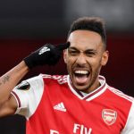 LONDON, ENGLAND - NOVEMBER 28: Pierre-Emerick Aubameyang of Arsenal celebrates after scoring his team's first goal during the UEFA Europa League group F match between Arsenal FC and Eintracht Frankfurt at Emirates Stadium on November 28, 2019 in London, United Kingdom. (Photo by Shaun Botterill/Getty Images)