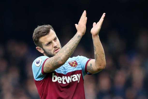 LIVERPOOL, ENGLAND - OCTOBER 19: Jack Wilshere of West Ham United shows appreciation to fans after the Premier League match between Everton FC and ...