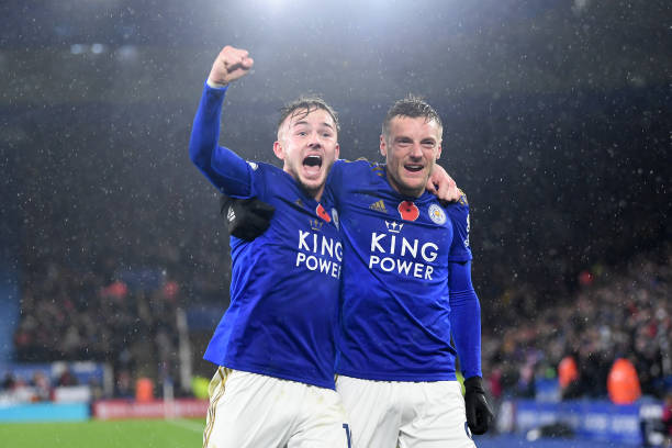 LEICESTER, ENGLAND - NOVEMBER 09: James Maddison of Leicester City celebrates with teammate Jamie Vardy after scoring his team's second goal during the Premier League match between Leicester City and Arsenal FC at The King Power Stadium on November 09, 2019 in Leicester, United Kingdom. (Photo by Michael Regan/Getty Images)