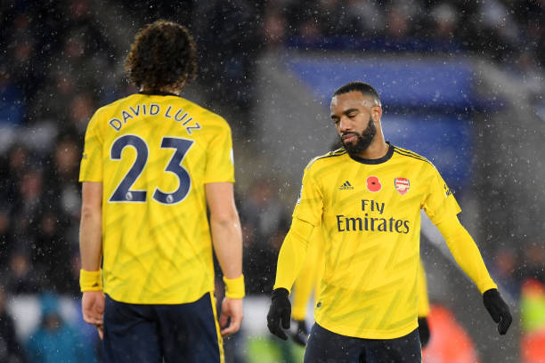 LEICESTER, ENGLAND - NOVEMBER 09: Alexandre Lacazette of Arsenal reacts during the Premier League match between Leicester City and Arsenal FC at Th...