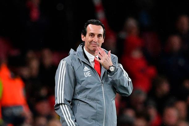 Arsenal's Spanish head coach Unai Emery gestures on the touchline during their UEFA Europa league Group F football match between Arsenal and Eintra...