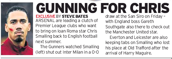 Arsenal leading Premier League clubs chasing transfer of Man Utd's Chris Smalling - Sunday Mirror 8 December 2019