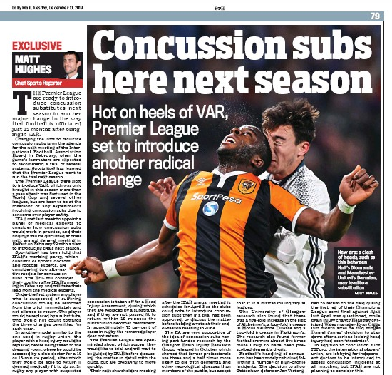 Concussion Sub Premier League to trial concussion subs from next season