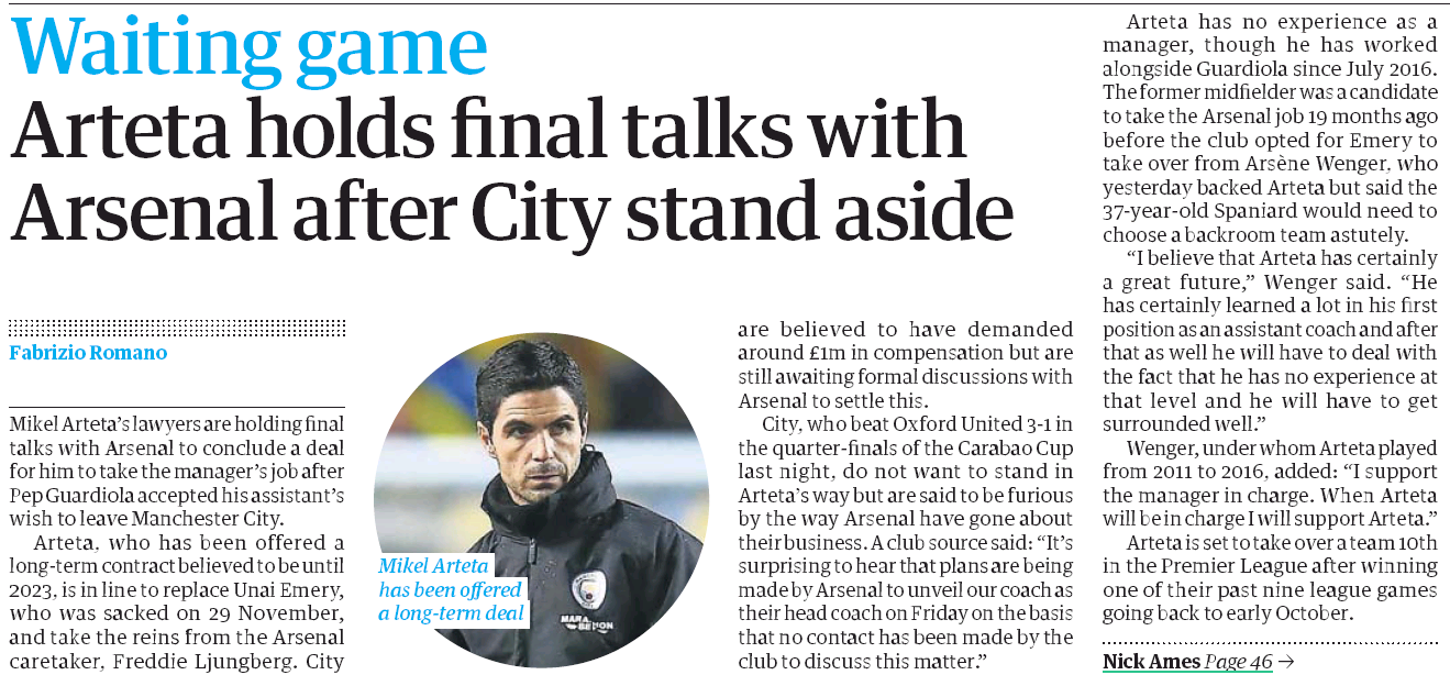 Arsenal expected to unveil Arteta on Friday despite no contact with City yet 3 The Guardian, 19 December 2019 - Arsenal to unveil Arteta on Friday?
