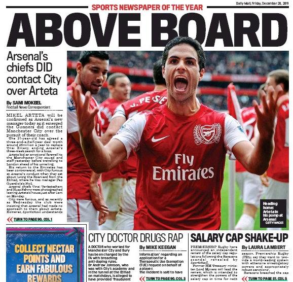 Arsenal did hold talks with Manchester City over Mikel Arteta 3 Daily Mail 20 December 2019