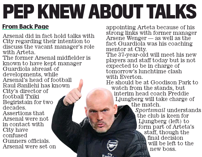 Arsenal did hold talks with Manchester City over Mikel Arteta 4 Daily Mail 20 December 2019