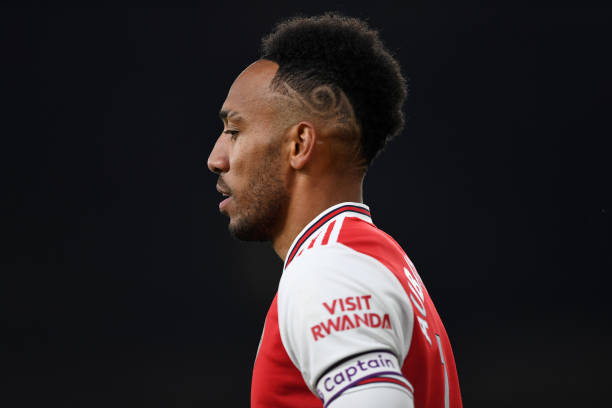 LONDON, ENGLAND - NOVEMBER 23: Pierre-Emerick Aubameyang of Arsenal looks on during the Premier League match between Arsenal FC and Southampton FC ...