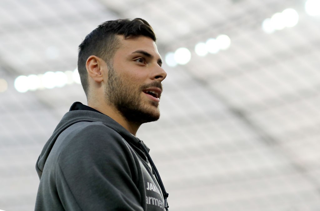 LEVERKUSEN, GERMANY - OCTOBER 26: Kevin Volland of Leverkusen looks on prior to the Bundesliga match between Bayer 04 Leverkusen and SV Werder Brem...