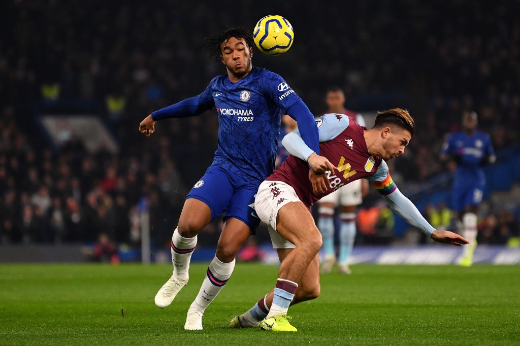 LONDON, ENGLAND - DECEMBER 04: Reece James of Chelsea and Jack Grealish of Aston Villa clash during the Premier League match between Chelsea FC and...