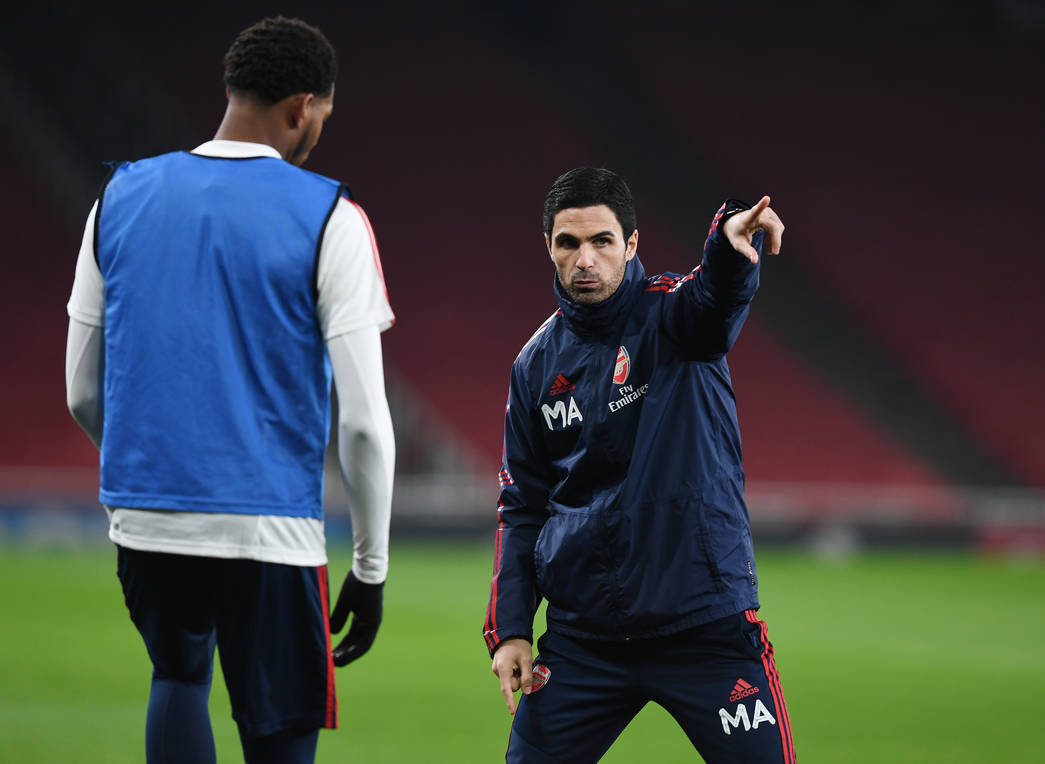 LONDON, ENGLAND - DECEMBER 28: Mikel Arteta and Zech Medley during a training session at Emirates Stadium on December 28, 2019 in London, England. ...