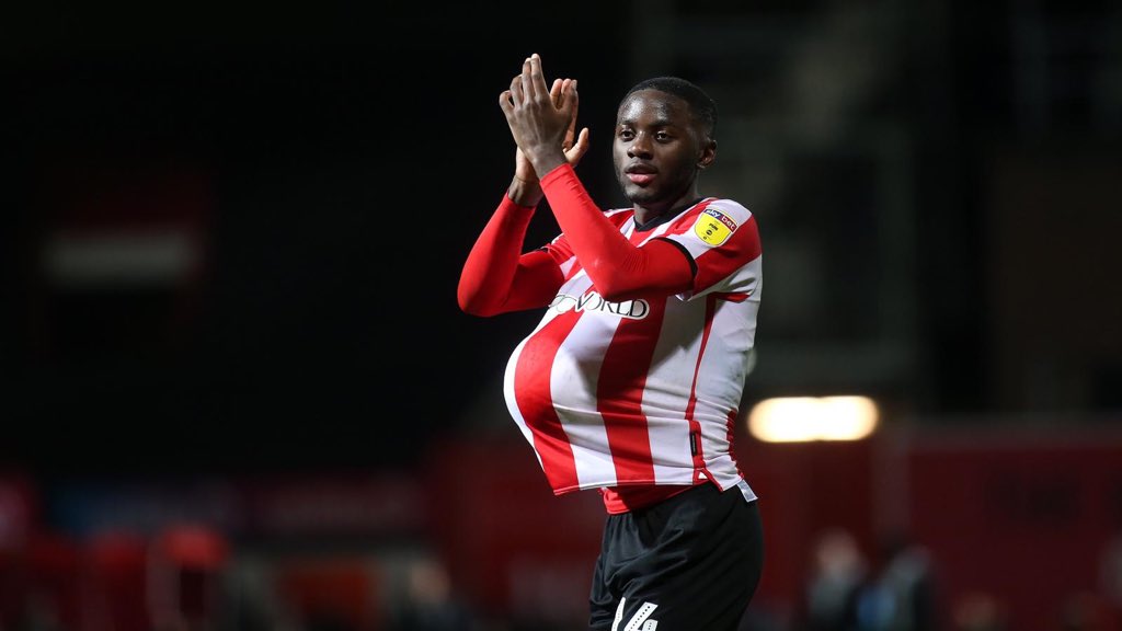 Josh Dasilva after scoring a hat-trick for Brentford (Photo via Twitter)