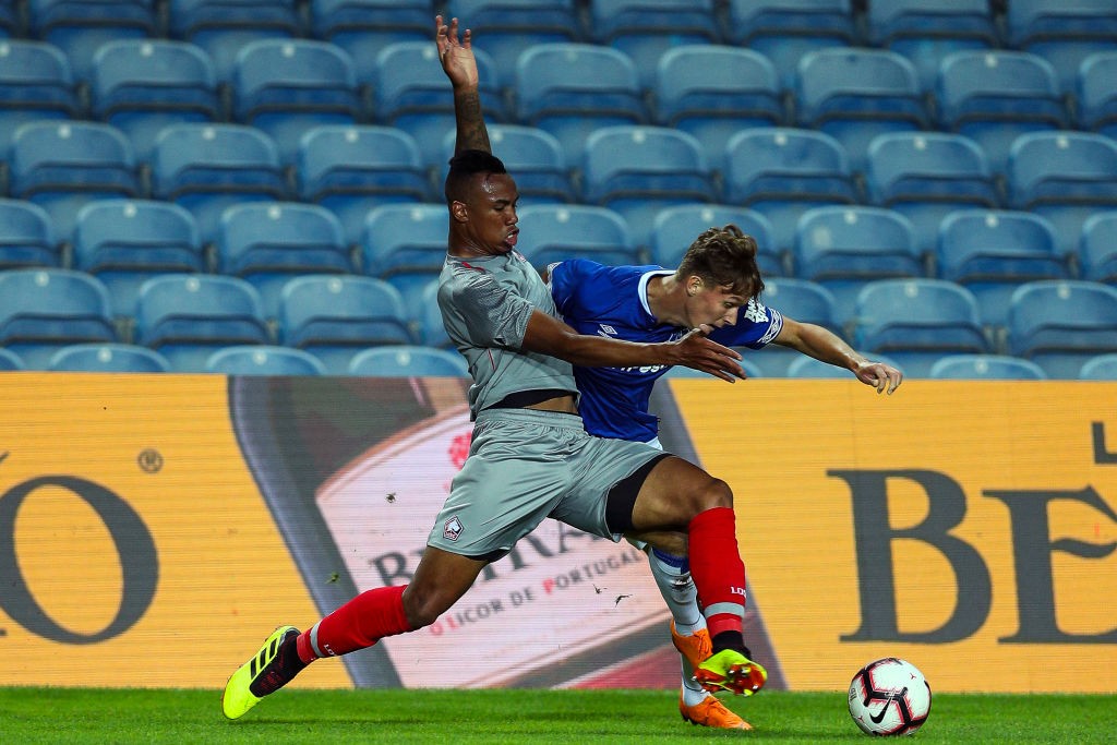 FARO, PORTUGAL - JULY 21: Gabriel Magalhaes of Lille competes for the ball with Kieran Dowell of Everton during the match between Everton FC and LO...