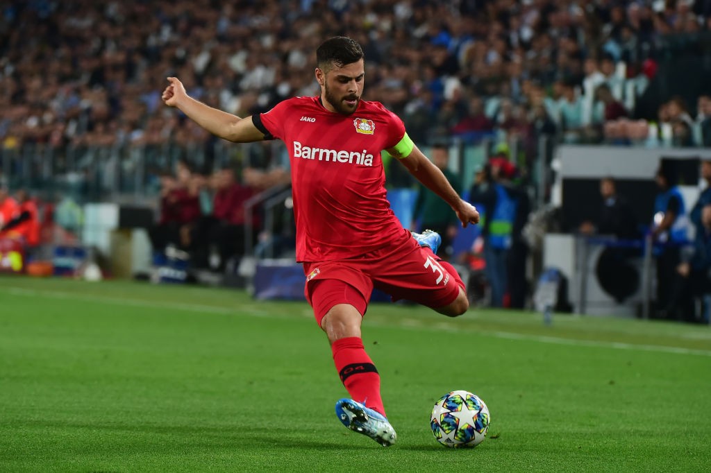 TURIN, ITALY - OCTOBER 01: Kevin Volland of Bayer Leverkusen in action during the UEFA Champions League group D match between Juventus and Bayer Le...
