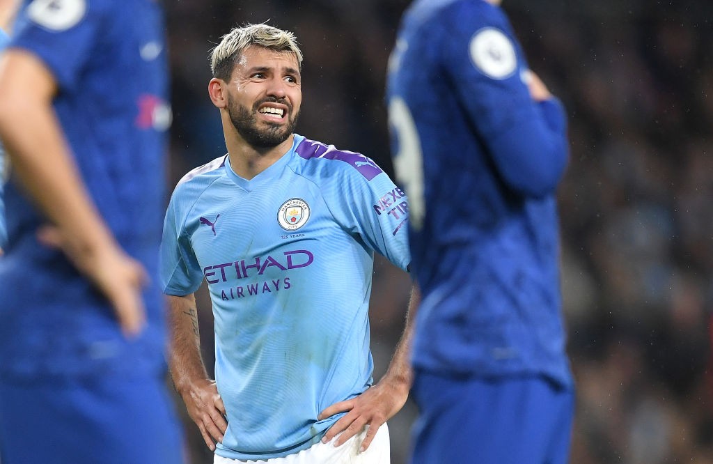 MANCHESTER, ENGLAND - NOVEMBER 23: Sergio Aguero of Manchester City reacts during the Premier League match between Manchester City and Chelsea FC a...