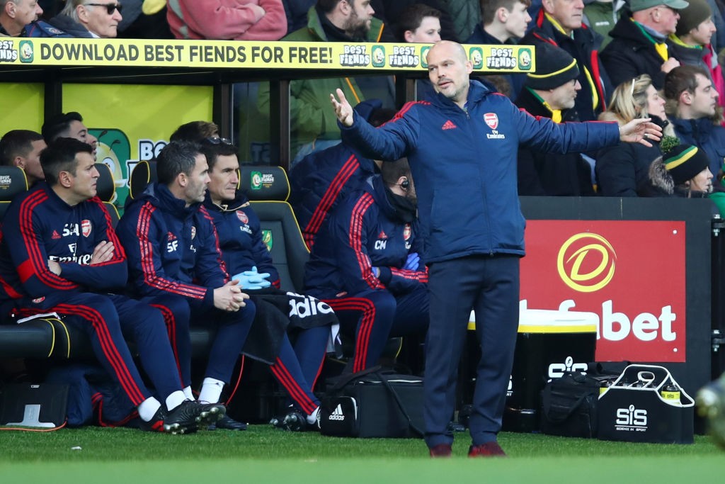 NORWICH, ENGLAND - DECEMBER 01: Interim Manager of Arsenal, Freddie Ljungberg looks on during the Premier League match between Norwich City and Ars...