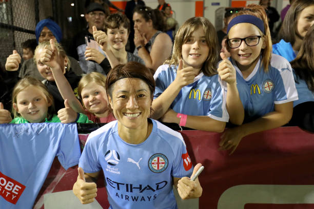 SHEPPARTON, AUSTRALIA - NOVEMBER 30: Yukari Kinga of Melbourne City celebrates with fans during the round three W-League match between Melbourne City and Adelaide United at John McEwan Reserve on November 30, 2019 in Shepparton, Australia. (Photo by Jonathan DiMaggio/Getty Images)
