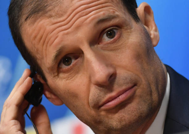 Juventus' Italian coach Massimiliano Allegri gives a press conference at the Johan Cruyff ArenA in Amsterdam on April 9, 2019, on the eve of the UE...