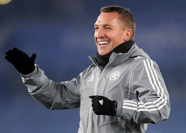 LEICESTER, ENGLAND - DECEMBER 04: Brendan Rodgers, Manager of Leicester City acknowledges the fans after the Premier League match between Leicester...