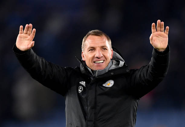 LEICESTER, ENGLAND - DECEMBER 01: Brendan Rodgers, Manager of Leicester City celebrates after the Premier League match between Leicester City and E...
