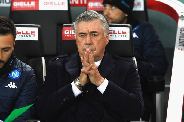 UDINE, ITALY - DECEMBER 07: Carlo Ancelotti head coach of SSC Napoli looks on during the Serie A match between Udinese Calcio and SSC Napoli at Sta...